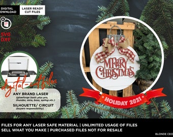 SVG CUT File | 18&quot; Christmas Door Round, Merry Christmas Shiplap Ornament Sign | (Laser Ready File)