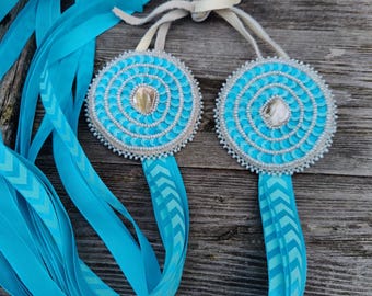 Blue powwow hairties, side drops, sequinned hair ties, beaded, fancy shawl, jingle dress dance