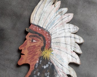 Antique naive wood cutout, native chief, Native American, oak board, ca 1900-1940, wall hanging