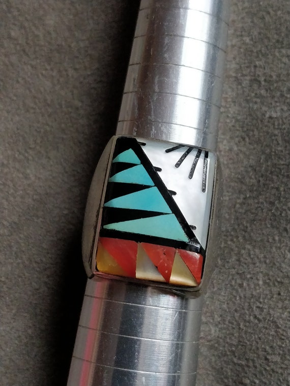Zuni mosaic inlay ring, vintage zuni sterling silv