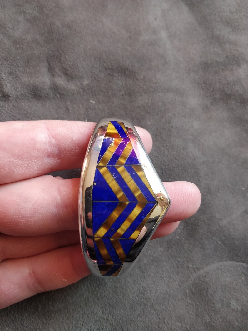 Heavy taxco tiger eye and lapis lazuli mosaic inlay bracelet chunky ca 1980s