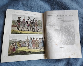 Antique print of Californian Native Americans, ca 1800-1806 , shortly after, dancing, yurok, karok ,