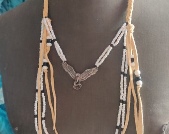 Vintage necklace with silver eagle, glass beads, leather, native inspired