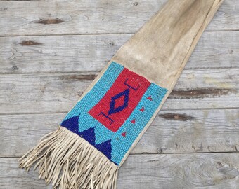 Vintage 70s pipe bag, beaded Native American inspired, heavy patina, peace pipe, wild west
