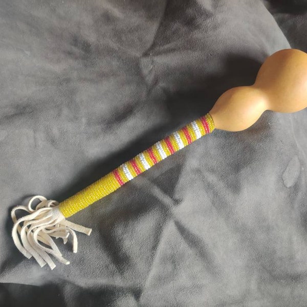 Vintage beaded gourd rattle, soft sound, Native American inspired