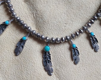 Silver feather necklace, turquoise, Navajo, Native American