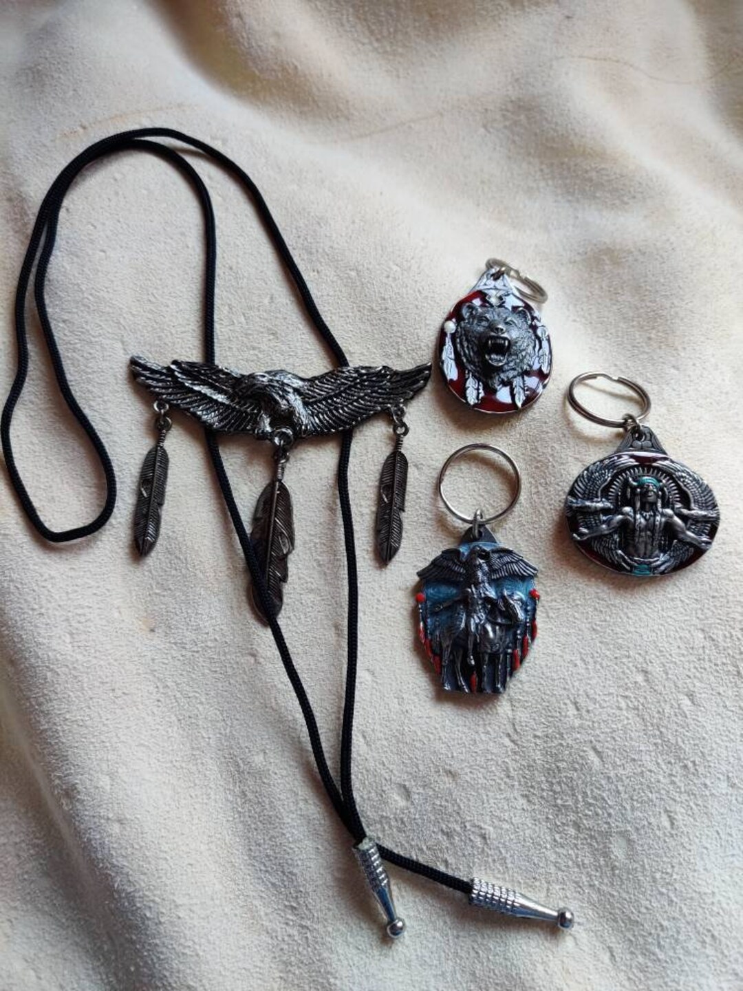 Bolo Tie and Key Rings With Native American Theme, Pot Metal