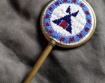 Small vintage beaded hand mirror, novelty style, Sioux style with tipi, native inspired