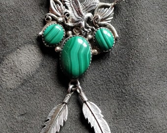 Navajo malachite and eagle necklace,new old stock from ca 1990s, silver , dangling feathers