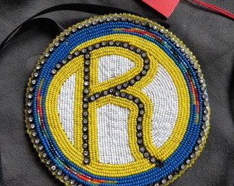 Large beaded Rosette, Vintage siksika beadwork, r monogram, with patina