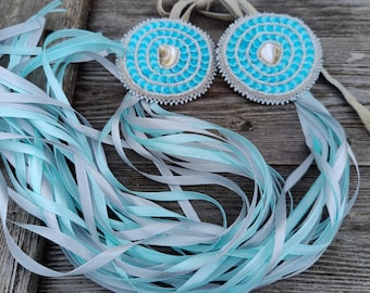 Blue powwow hairties, side drops, sequinned hair ties, beaded, fancy shawl, jingle dress dance