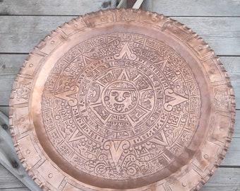 Large Aztec calender wall plate, copper wall hanging, Mexico, vintage