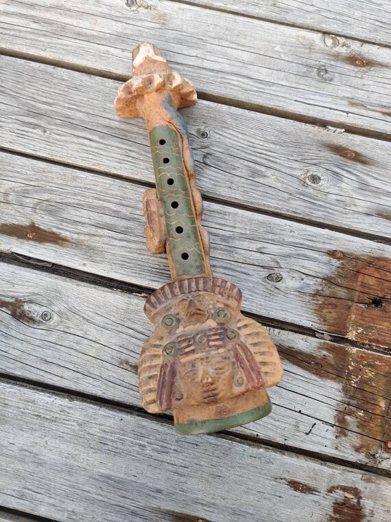 Maya or Aztec Warrior Flute Vintage With Stones Whistle Etsy