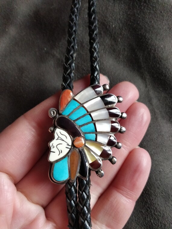 Vintage Zuni Indian head bolo tie, mosaic work, s… - image 2