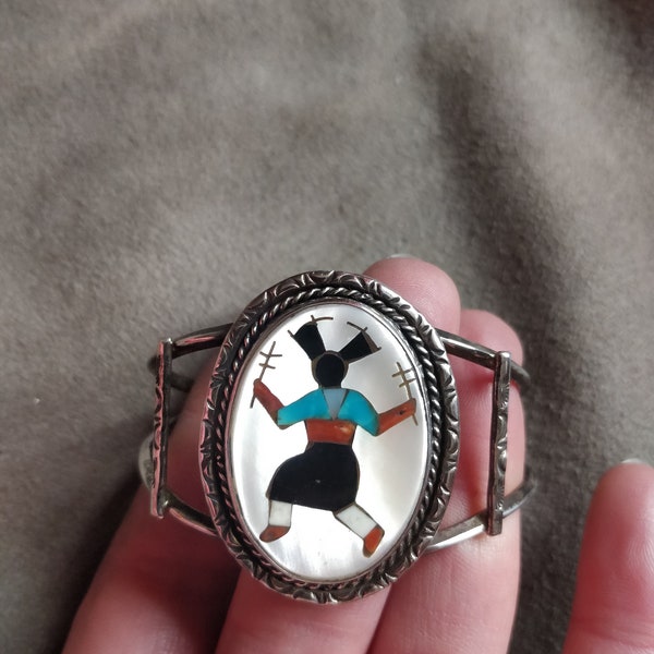 Navajo bracelet, gaan dancer inlay, apache ga an spirit dancer, silver cuff bracelet, Native American