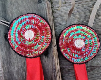 Red and black powwow hairties, side drops, sequinned hair ties, beaded, fancy shawl, jingle dress dance