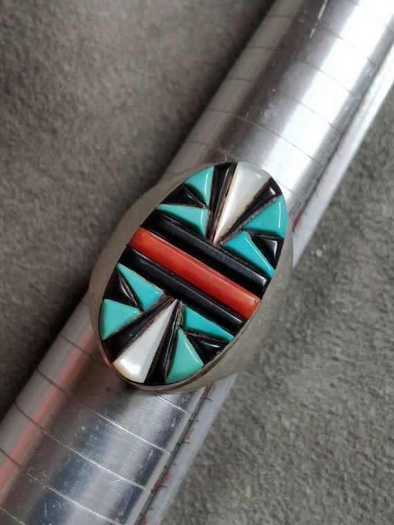 Zuni mosaic inlay ring, vintage zuni sterling silv