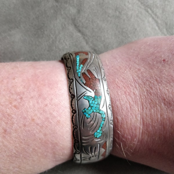 Navajo chip inlay bracelet, j. Nezzie, native American silver cuff bracelet, vintage