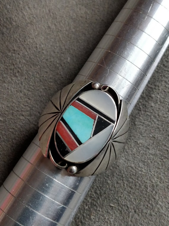 Zuni mosaic inlay ring, vintage zuni sterling silv