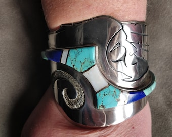 James-lee Hawk bracelet, Hopi/ yakima, chunky cuff bracelet with mosaic and warrior, native american