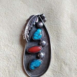 Heavy and large old pawn Navajo pendant, silver, turquoise and coral, ca 1940-60