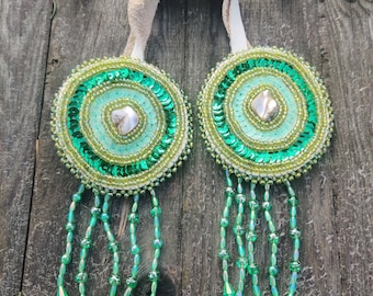 Green powwow hairties, side drops, sequinned hair ties, beaded, fancy shawl, jingle dress dance