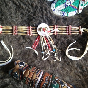Beaded choker, native american style necklace with moonshell, hairpipes, Fox teeth, hawkbells, Hand made sioux chocker, breastplate