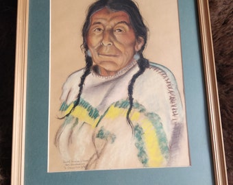 Pastell painting of a Blood Indian woman, Blackfoot, framed