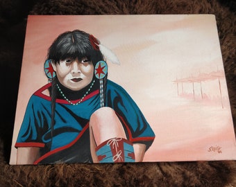 S.keith painted Native American girl, powwow dancer, 1984, Wild West acrylic painting,
