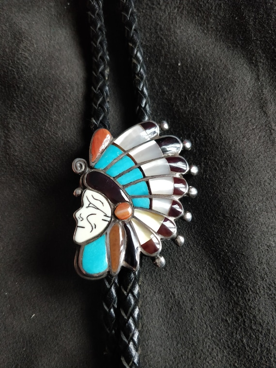 Vintage Zuni Indian head bolo tie, mosaic work, s… - image 1