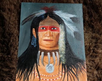 Vintage painting of a Sioux Indian, Warrior with bear Claw necklace, Peace medal and Eagle feathers