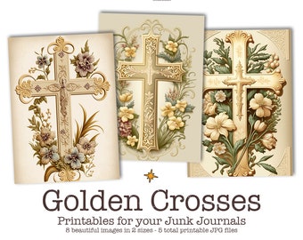 Golden Crosses Ephemera for Junk Journals, Printable Cross Ephemera Pack, Shabby Chic Religious Junk Journal Kit, Artist Trading Cards