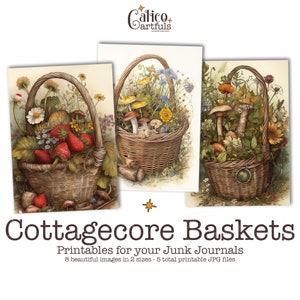 Cottagecore Baskets Printable Ephemera Cards for Junk Journals, Mushroom Ephemera Pack Junk Journal Kit, Strawberry Collage Sheet