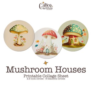 Mushroom Houses 2.5 Circle Collage Sheet, 70s Pocket Mirror Images, Cottagecore Cupcake Topper Printable, Digital Download, Round Images