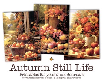 Könnte beinhalten: Drei druckbare Bilder für Junk Journals mit Herbst-Stillleben-Motiven. Die Bilder zeigen eine Auswahl an Herbstfrüchten, -gemüse und -blumen in einer rustikalen Umgebung.