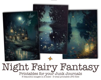 Może przedstawiać: Trzy cyfrowe ilustracje nocnej sceny fantasy z wróżkami. Pierwsze zdjęcie przedstawia domek z zapalonymi światłami w oknach, księżyc na niebie i dwie latające wróżki. Drugie zdjęcie przedstawia jezioro z latającymi świetlikami i księżycem na niebie. Trzecie zdjęcie przedstawia jezioro z latającymi świetlikami i dwa słoiki ze światełkami w środku. Tekst "Night Fairy Fantasy" znajduje się na dole obrazu.