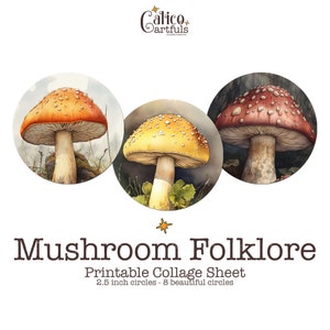 Champignon 2,5 cercle Collage feuille, Cottagecore poche miroir Images, Nature Cupcake Topper imprimable, téléchargement numérique, Images rondes