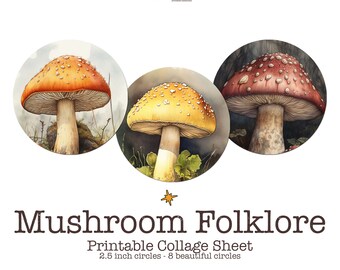 Mushroom 2.5 Circle Collage Sheet, Cottagecore Pocket Mirror Images, Naturaleza Cupcake Topper Imprimible, Descarga digital, Imágenes redondas