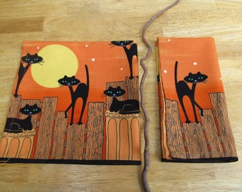 Halloween Cloth Napkins: Black Cats, Moon, Stars - Cotton Set