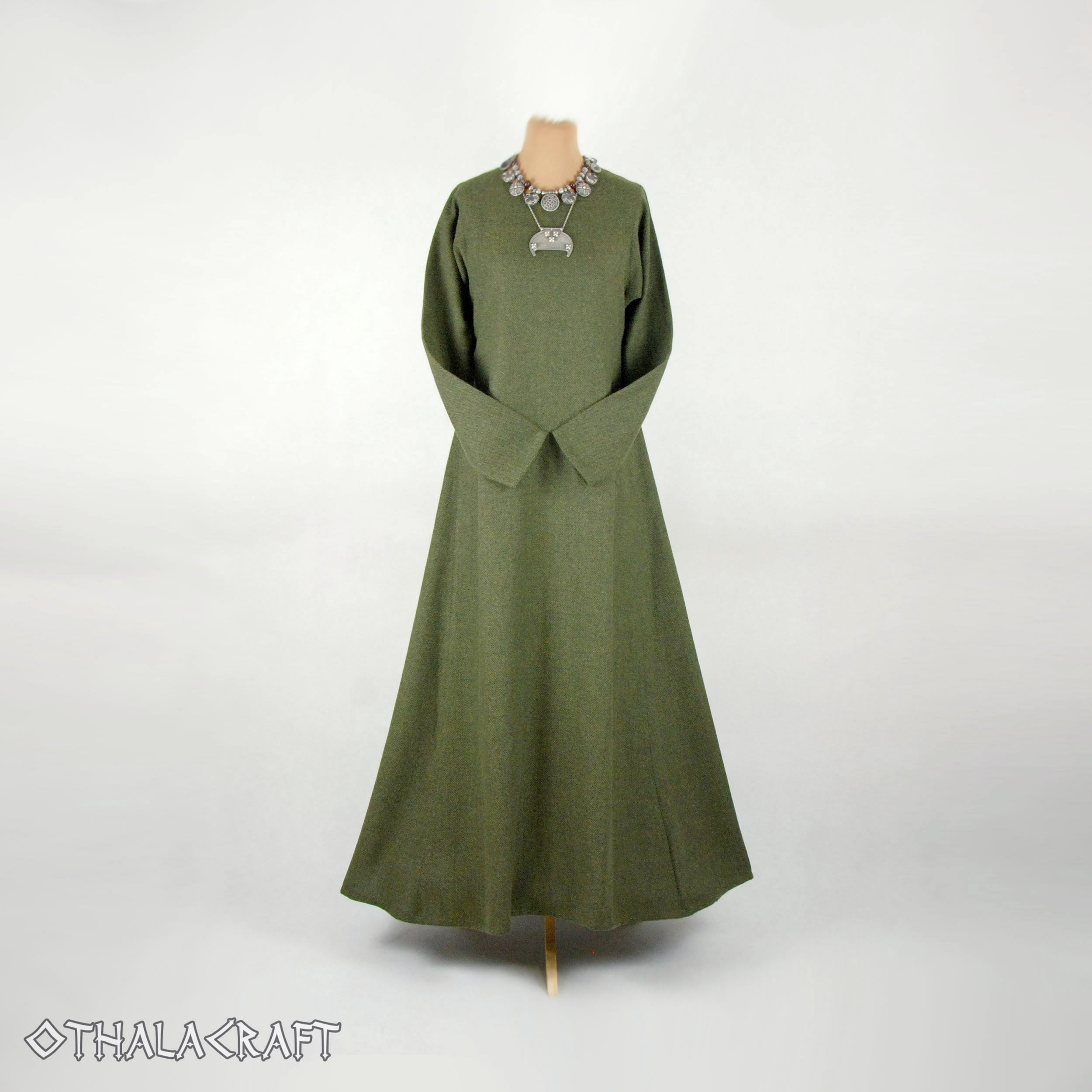 Green Woolen Viking Dress, Herringbone Historical Costume