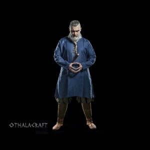 Túnica de lino vikingo, traje de hombre eslavo y vikingo, medieval, Vikingskjorta, Wikingerhemd, atuendo vikingo, guerrero renacentista masculino - azul oscuro