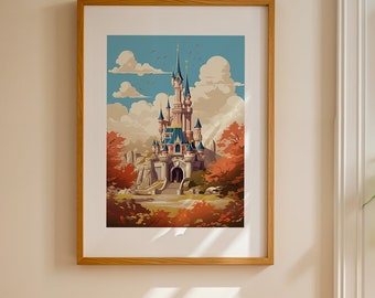 Stampa di Disneyland Paris, stile autunnale, poster di Disneyland Paris, Castello della Bella Addormentata, disegni Disney, decorazioni murali Disney, immagini Disney