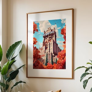 Estampa da Torre do Terror da Disney, pôster da Disney de outono, estúdios de Hollywood, retrô, estampa do Walt Disney World, estampas outonais da Disney, presentes da Disney