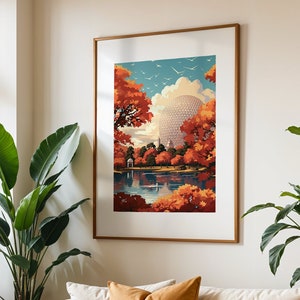 May include: A framed illustration of a white geodesic dome surrounded by trees with red, orange, and yellow leaves. The dome is reflected in a body of water in the foreground. The illustration is set against a blue sky with white clouds.