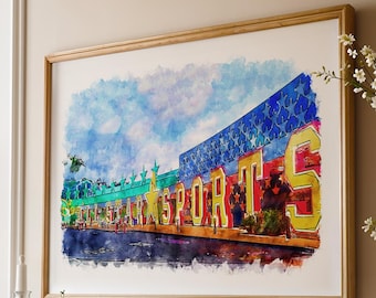 Disney's All Star Sports Resort aquarel schetsprint, Disney prints beschikbaar in A3, A4, A5, Disney Resort prints