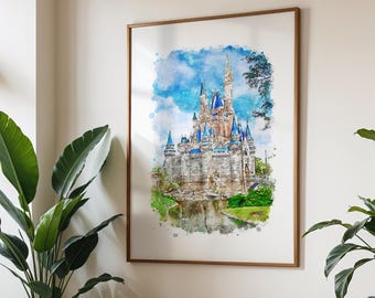 Lámina de acuarela del Castillo de Cenicienta, Lámina de Disney, Póster de Disney, Reino Mágico, Arte mural de Disney, Póster de los Parques Disney, Láminas de Disney World