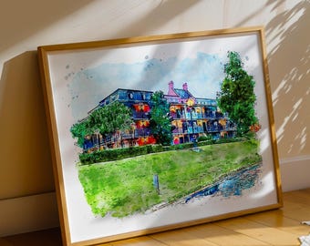Disney's Port Orleans French Quarter Resort Watercolour Sketch Print, Disney Prints, Disney Resorts, Disney World Hotels, Disney Paintings
