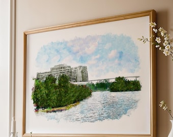 Disney's Contemporary Resort aquarel schetsprint, Disney prints verkrijgbaar in A3, A4, A5