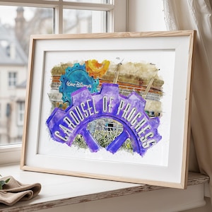 Op de afbeelding: Ingelijste aquarelprint met de woorden "Carousel of Progress" in een paars tandwielontwerp. De print bevat een blauw tandwiel met "Walt Disney's" en een geel tandwiel. Het kunstwerk wordt tentoongesteld op een vensterbank.
