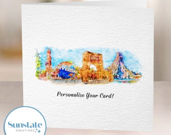 Tarjeta de felicitación personalizada de Universal Parks, Universal Studios, Volcano Bay, Islands of Adventure, Universal Prints, Universal Prints